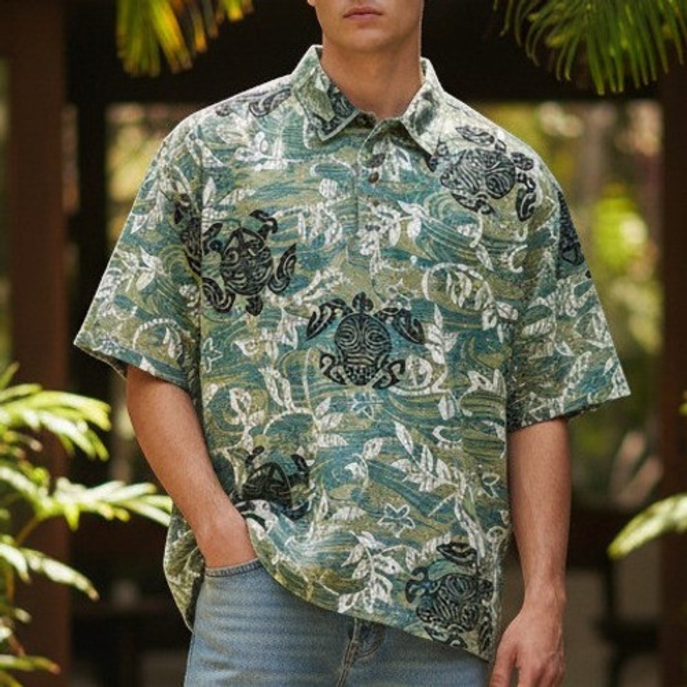 Crazy Shirts Hawaiian Polo Mens XL Green Tribal Sea‎ Turtle Honu Short Sleeve
